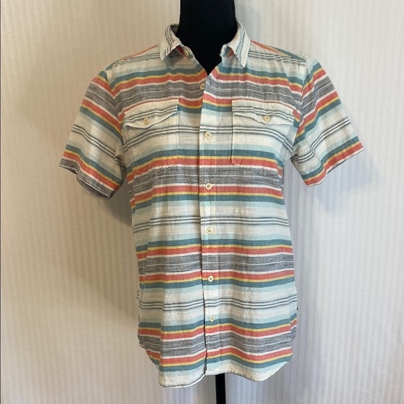 Lucky Brand Button Down Short Sleeve Stripe Shirt Cotton Camp Utility Size Small - Picture 2 of 9